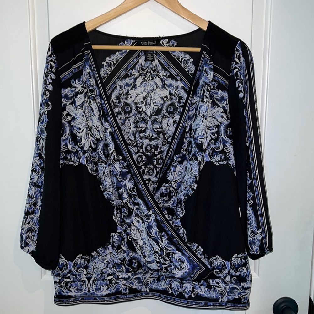 White House Black Market Navy Blue Patterned Blouse Size 16